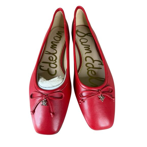 NEW Sam Edelman Jillie Red Leather Ballet Flats Bow Charm Square Toe 10M - Picture 2 of 4